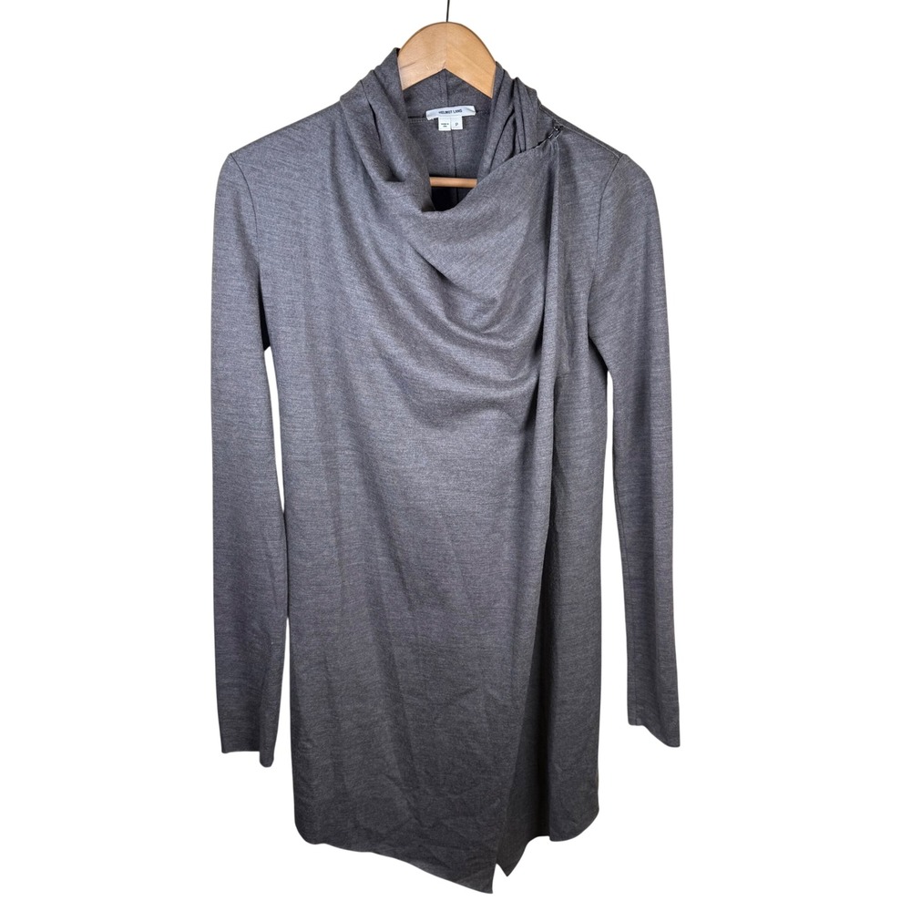 Helmut Lang Cardigan Women Small Brown Wool Draped Asymmetrical Leather Trim